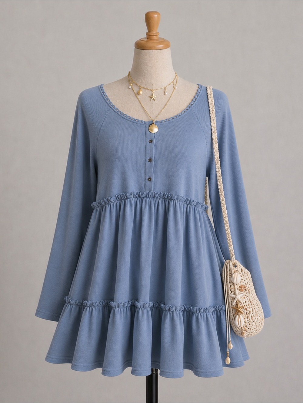Umgee Dusty Blue Long Sleeve Dress with Ruffles